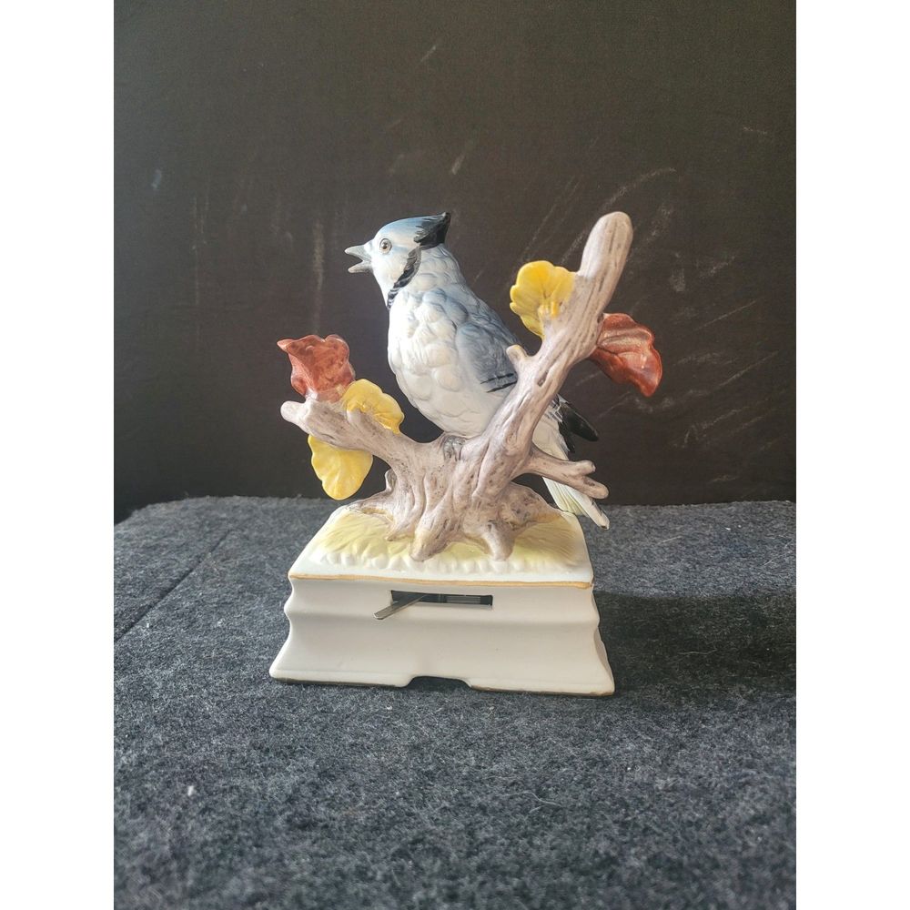 Towle Fine Porcelain Blue Jay Bird Figurine On Pedestal Music Box